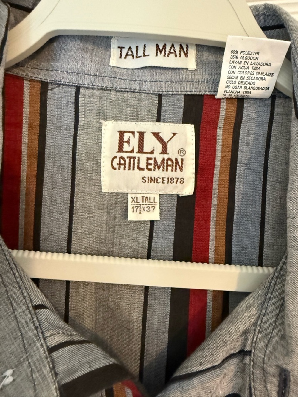 ELY Cattleman Western Shirt Men XL Tall Pearl Snap Striped Gray Red Vintage - Picture 2 of 14